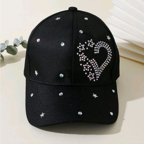 SALE Black Rhinestone Bling Heart and Star Hat Baseball Cap - Picture 3 of 7